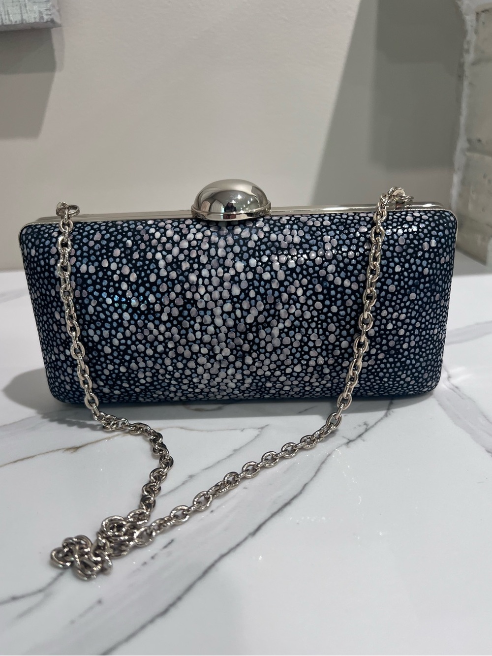 Banana Republic Leather Box Clutch Navy Speckled Evening Bag Silver Chain